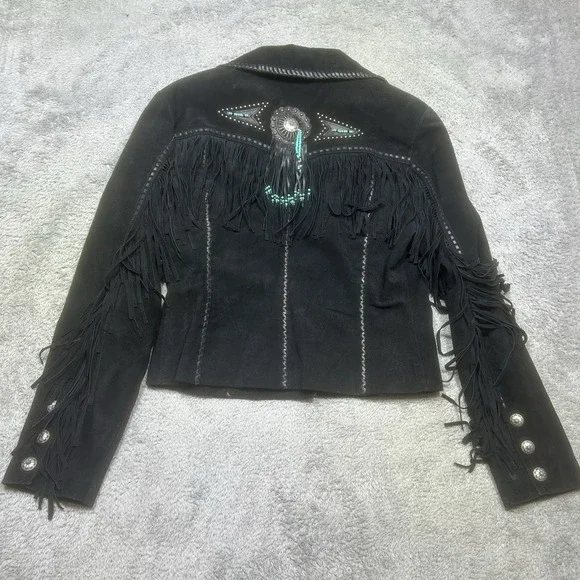 Vintage Scully Jacket Womens M Black Leather Western Fringe Studded Beaded Suede - Picture 2 of 16